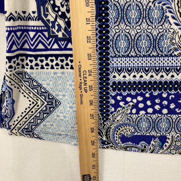 Chico's Travelers size 12/14 Blue Abstract Boho Slinky Knit 3/4 Sleeve Blouse - Picture 5 of 10